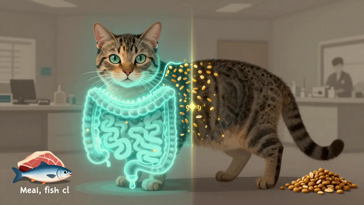 Схема пищеварения кошки: здоровая система с мясом и влагой слева, противопоставленная загрязнённой с зерном и наполнителями справа.