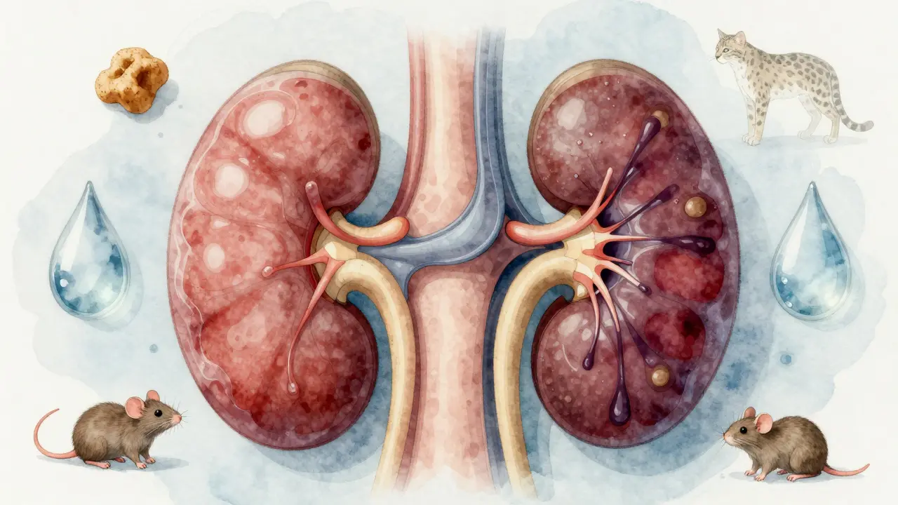Схематичное изображение почек кошки: одна здоровая с потоком жидкости, другая перегружена концентрированной мочой.