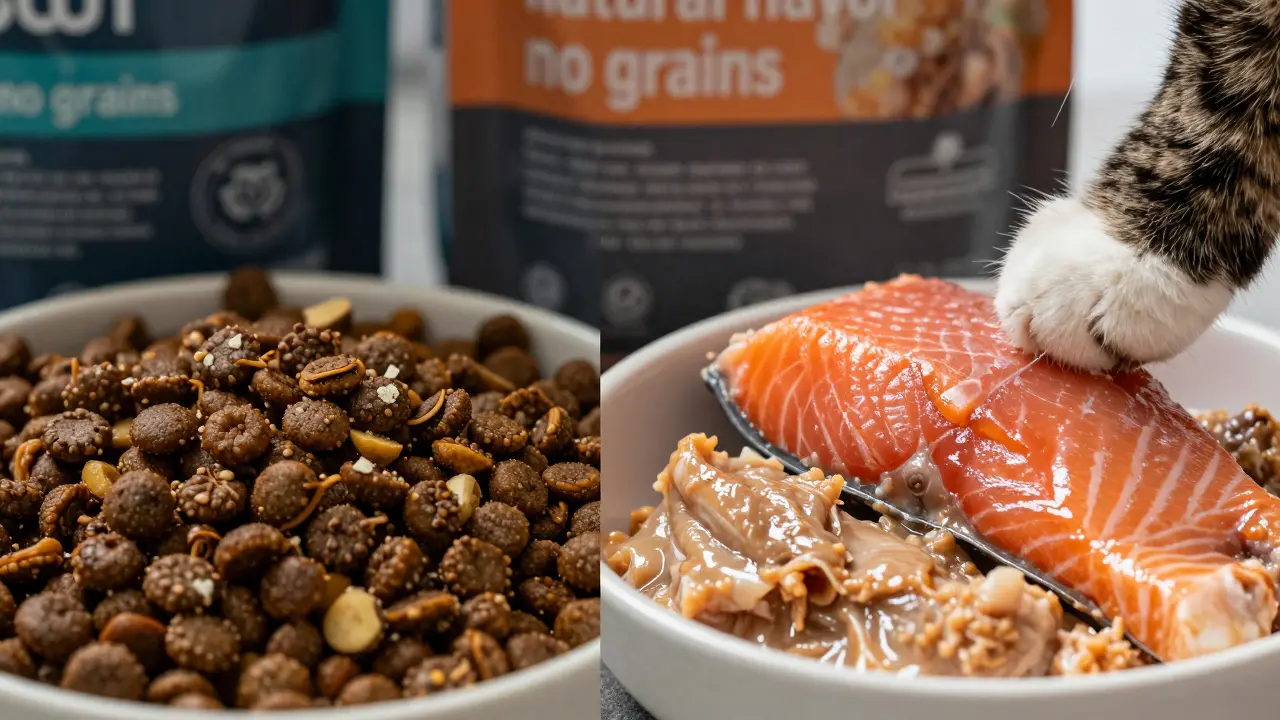Сравнение сухого и влажного корма: кошка выбирает влажный с натуральным мясом.