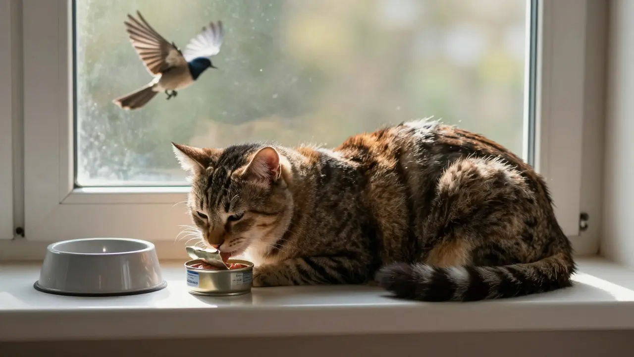 Удовлетворённая кошка отдыхает после еды с блестящей шерстью и пустой миской.