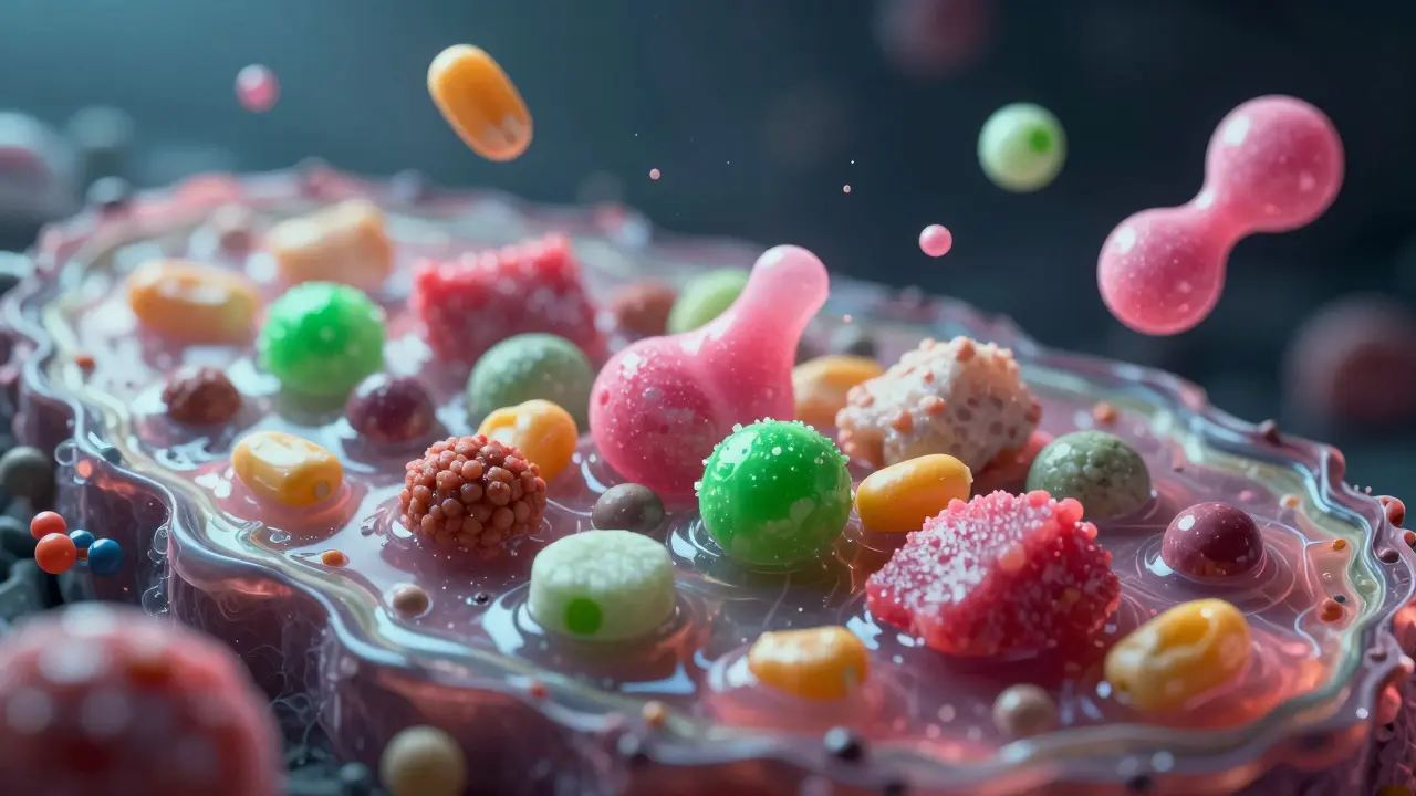 Увеличенные частицы некачественных ингредиентов корма для кошек под микроскопом