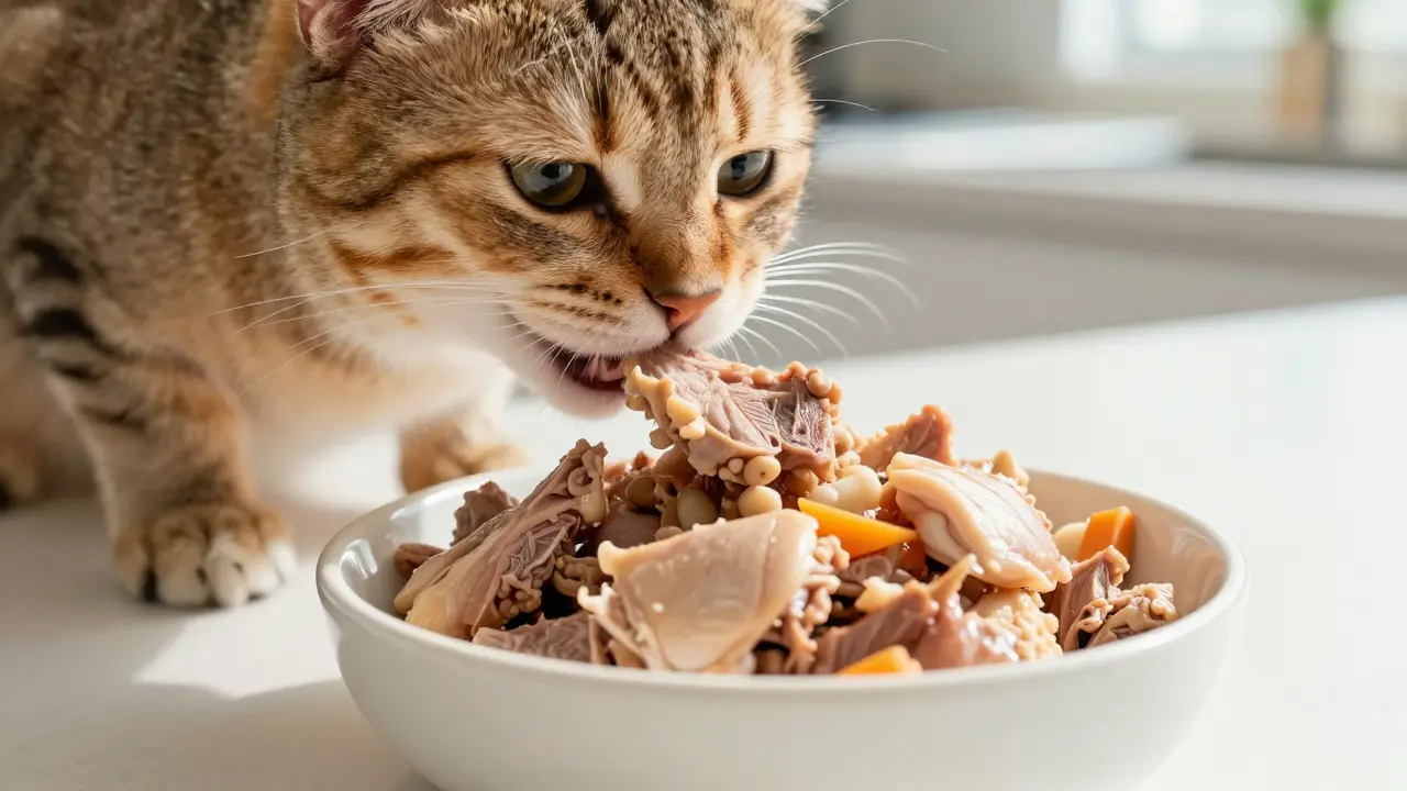 Здоровая кошка ест вареную курицу из чистой миски