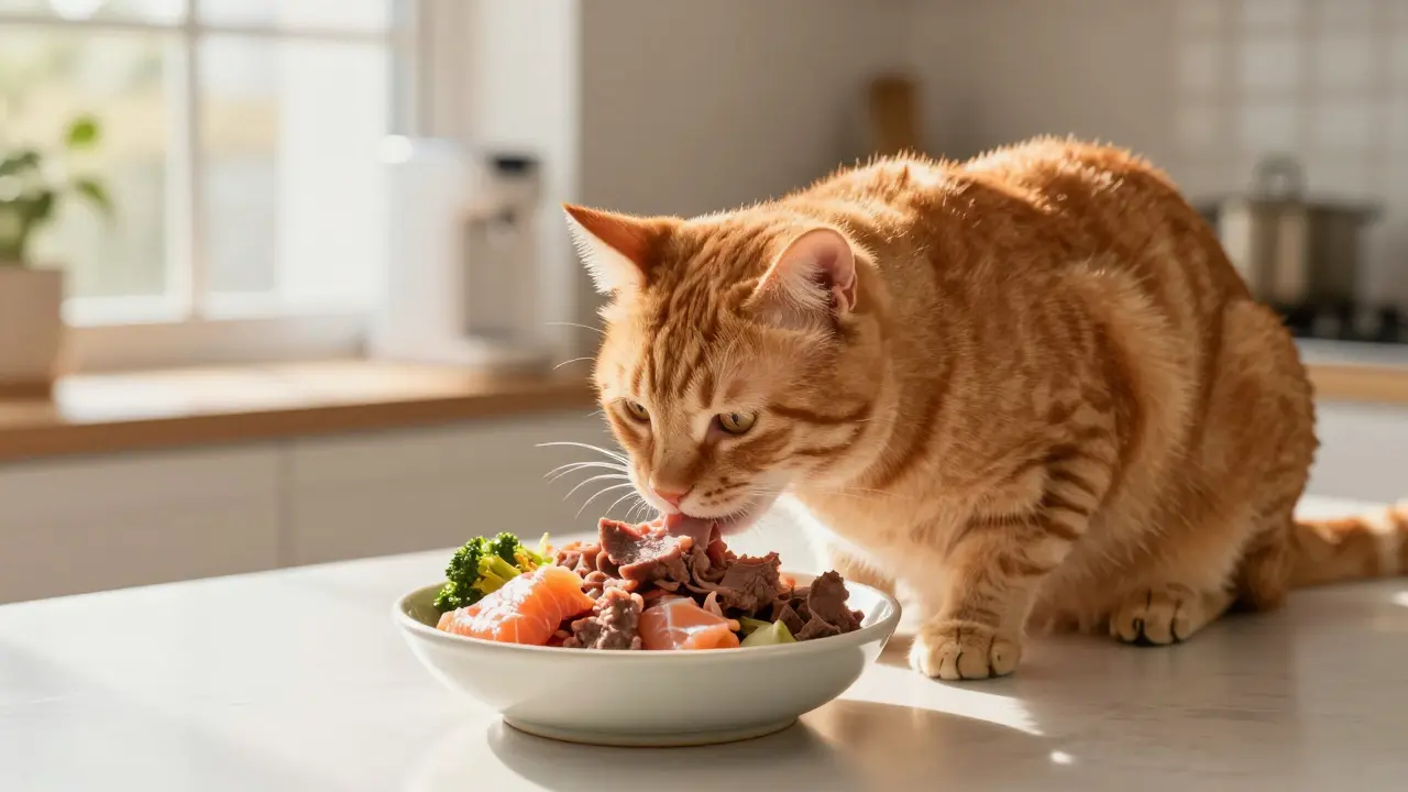 Здоровый кот ест натуральный мясной корм в уютной кухне при дневном свете