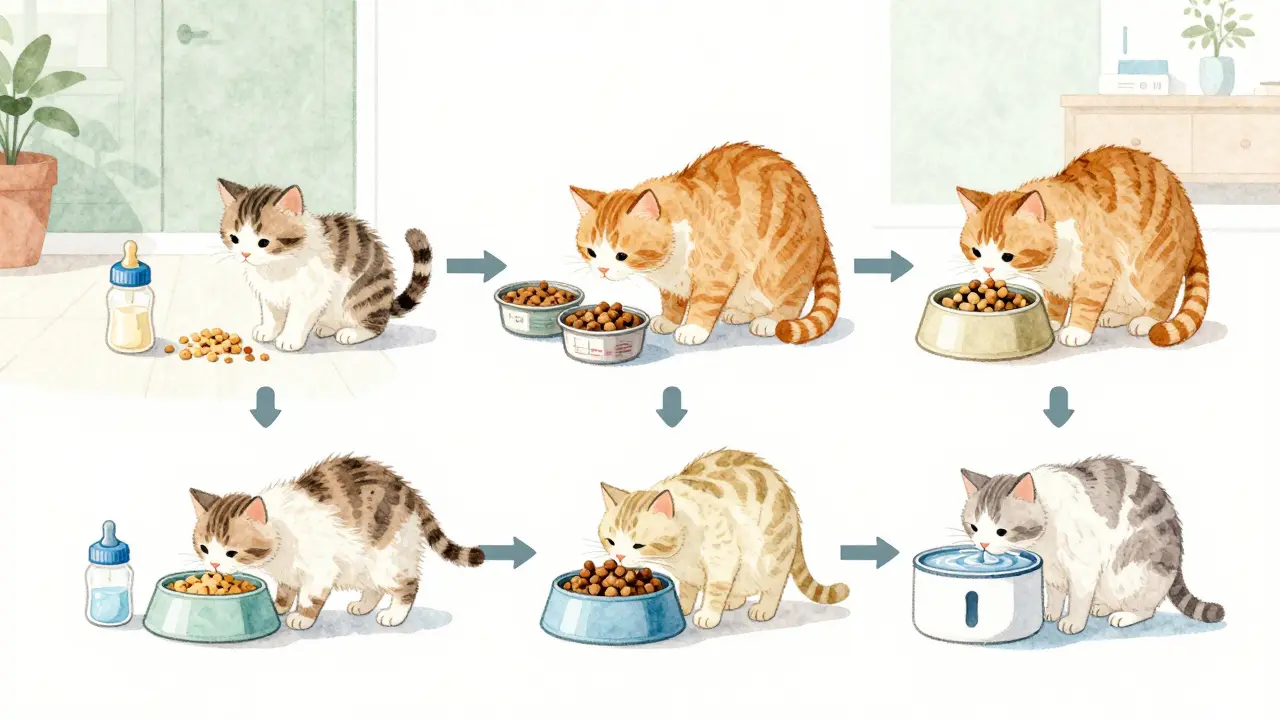 Иллюстрация кормления котов разных возрастов со стадиями жизни