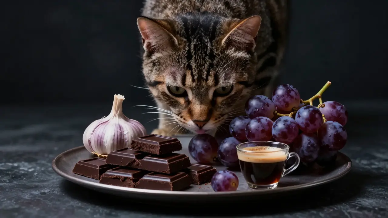 Кот рядом с опасными продуктами: шоколадом, виноградом и чесноком