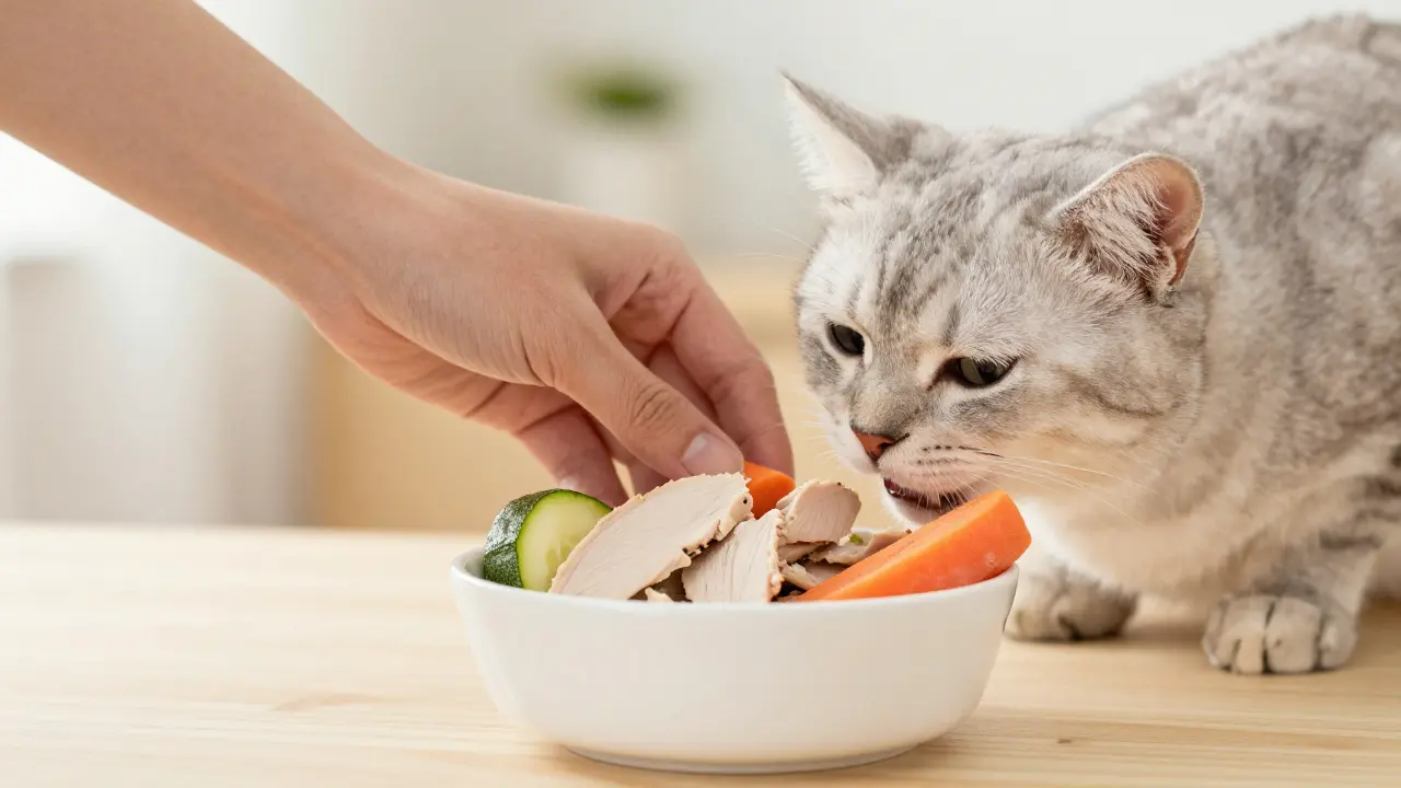 Миска с безопасными лакомствами для кота: индейка и овощи