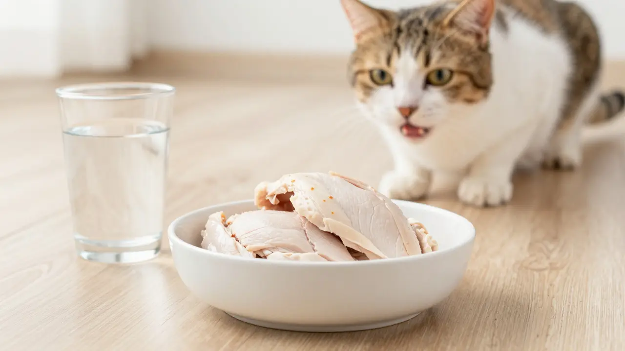 Миска с отварной курицей и стакан воды — безопасное угощение для кота