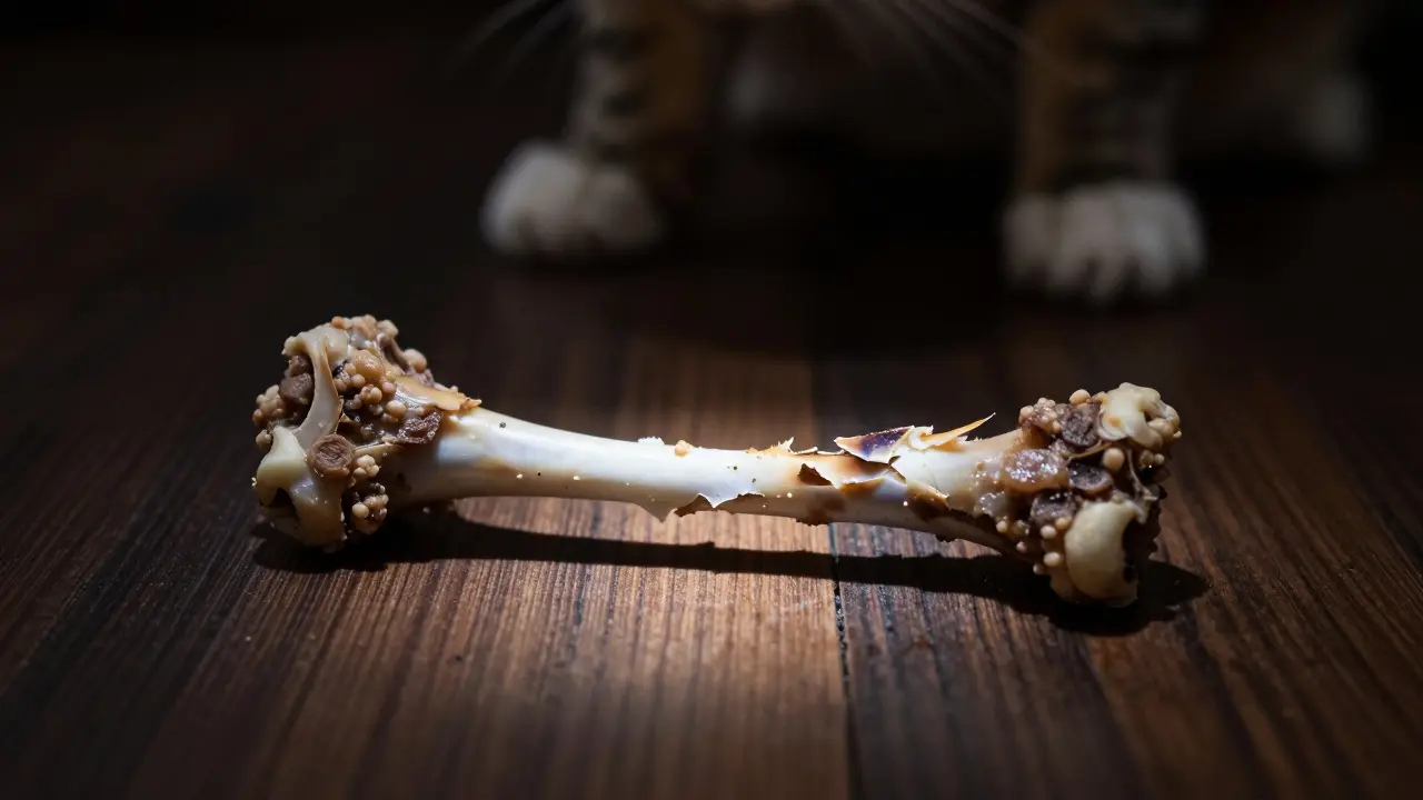 Острый осколок вареной куриной кости на темном полу как предупреждение об опасности