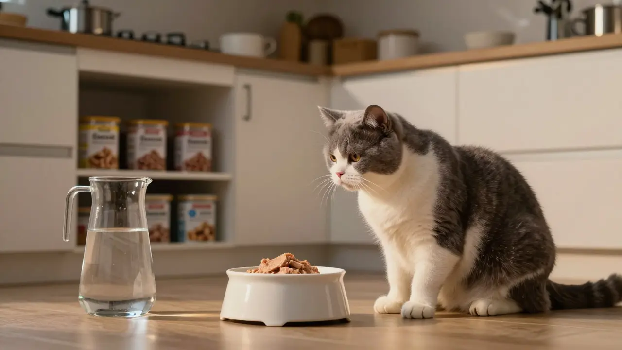 Пожилая кошка пьет воду после еды в домашней обстановке