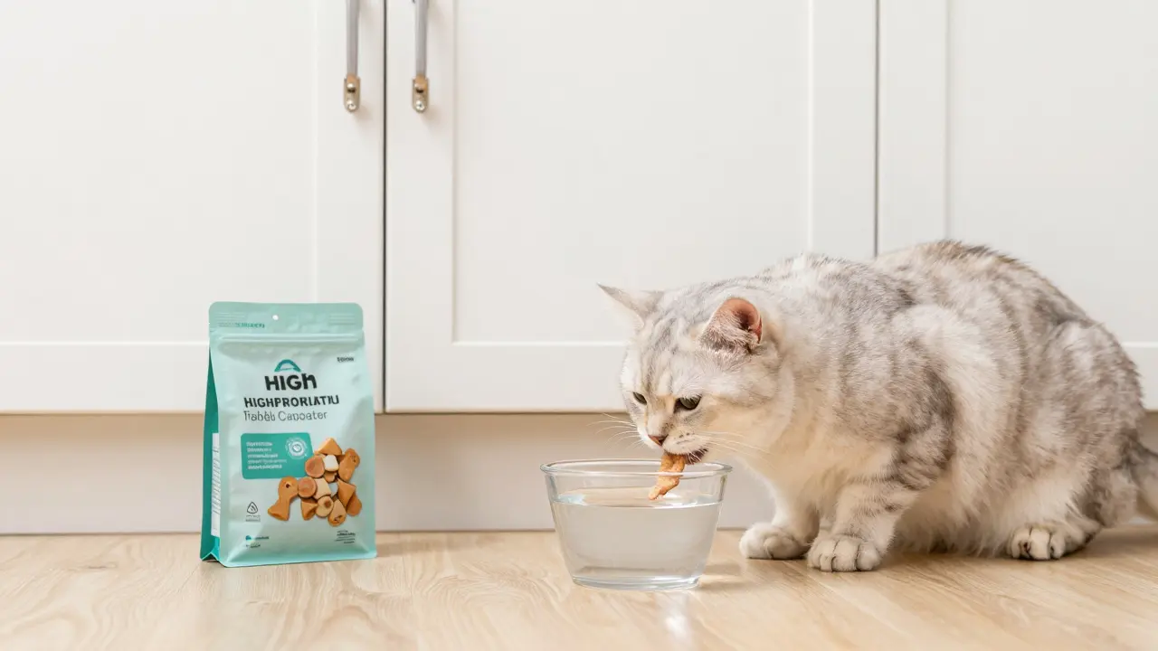 Счастливый кот ест безопасное лакомство в безопасном доме