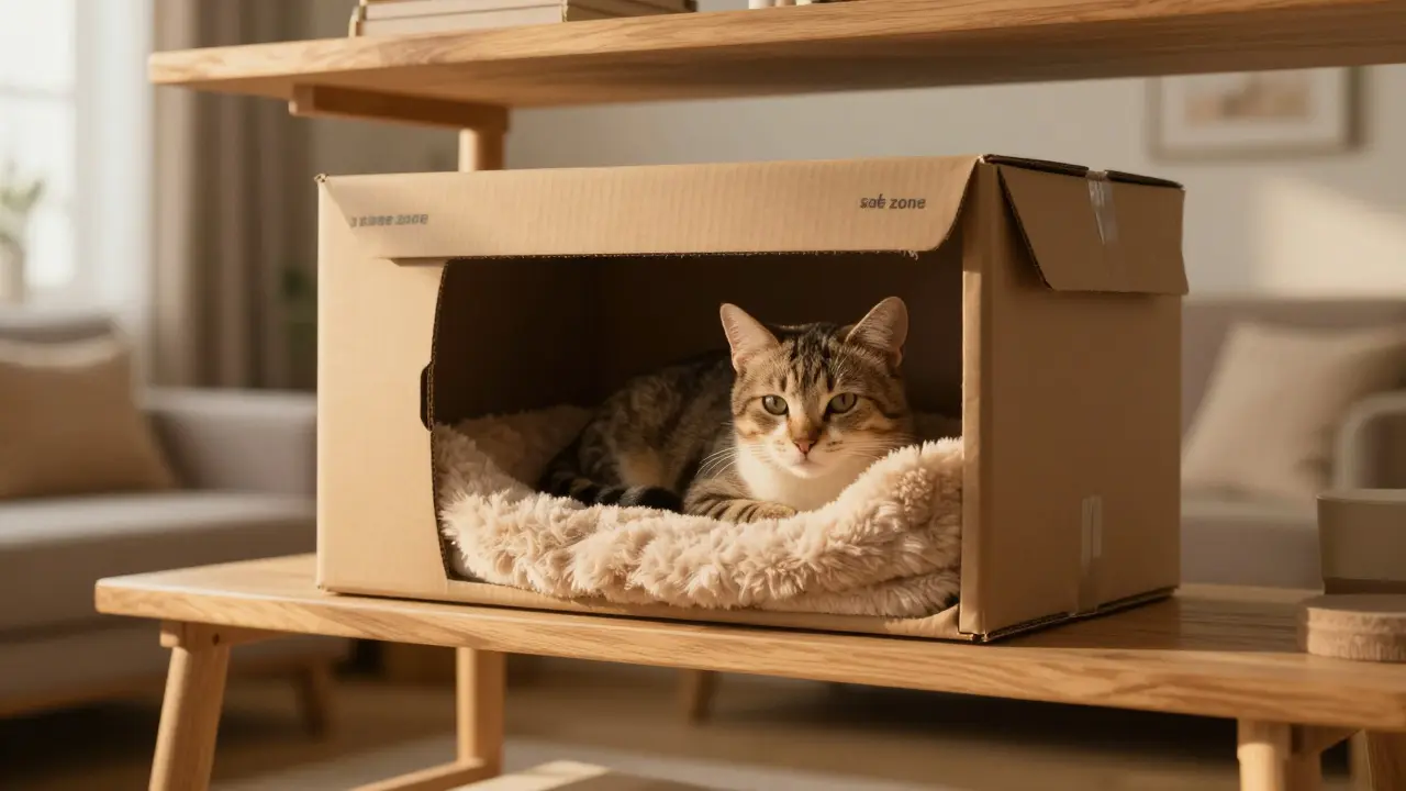 Спокойный кот отдыхает в своей безопасной зоне на высокой полке