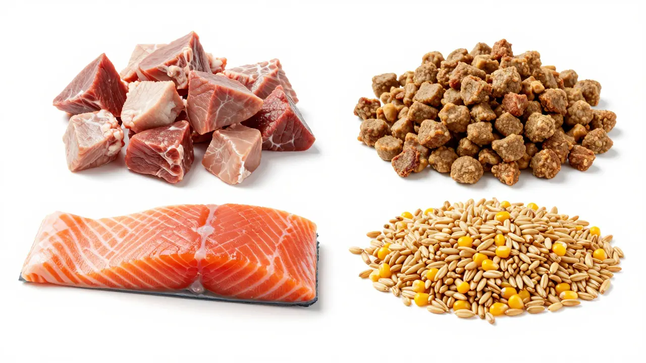 Сравнение натурального мяса, мясной муки и злаков для кошек