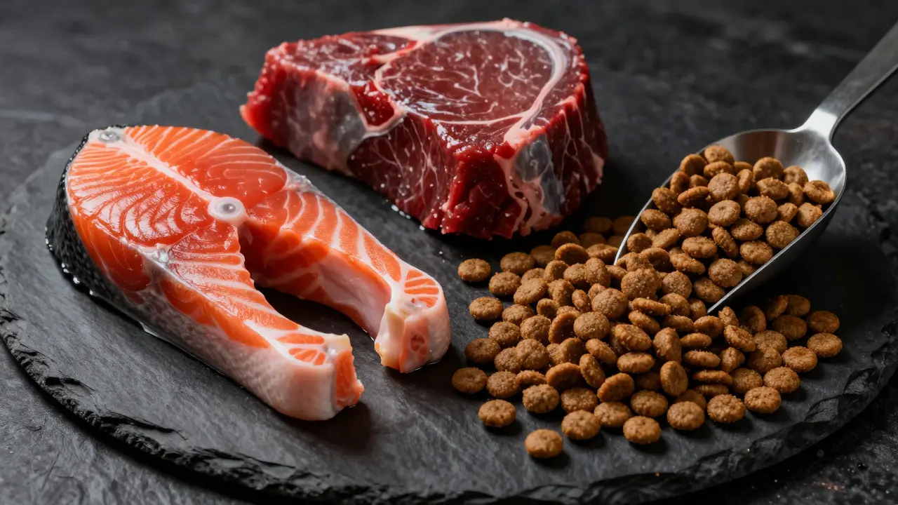 Сравнение сырого мяса и сухих гранул корма на темном фоне