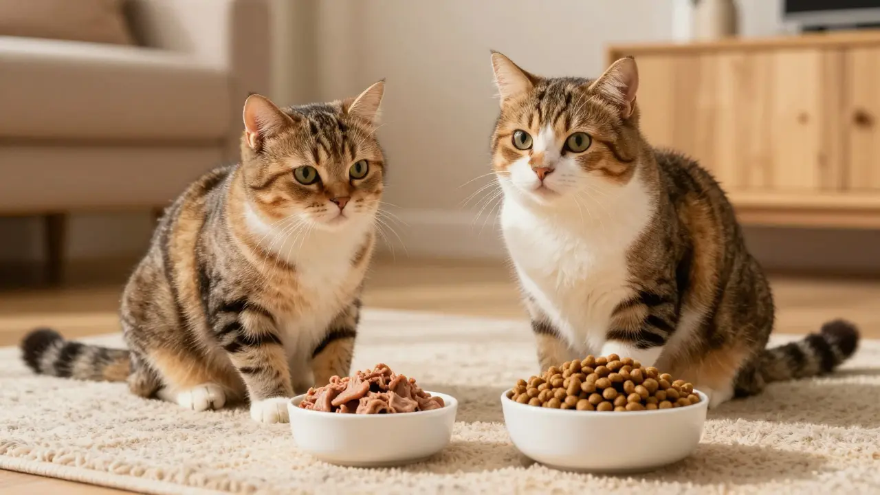Здоровая кошка рядом с мисками сухого и влажного корма в уютном интерьере
