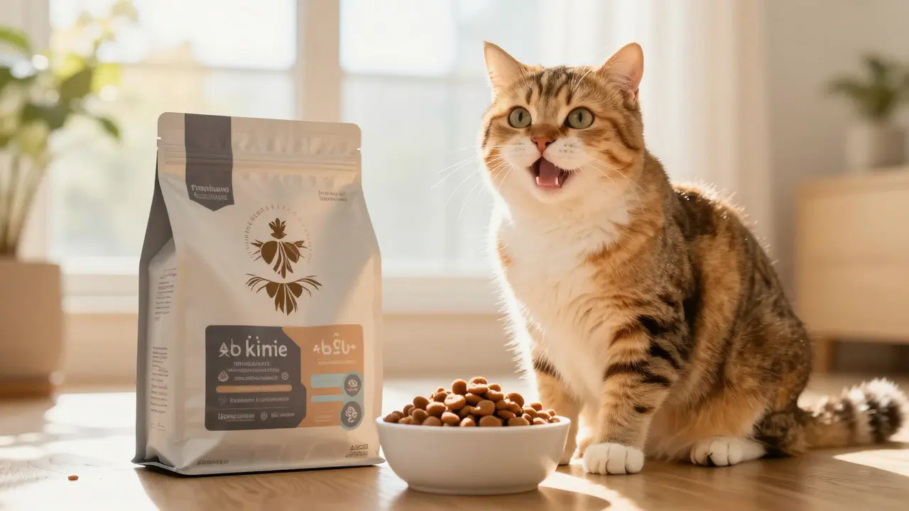 Здоровая кошка с блестящей шерстью рядом с миской корма