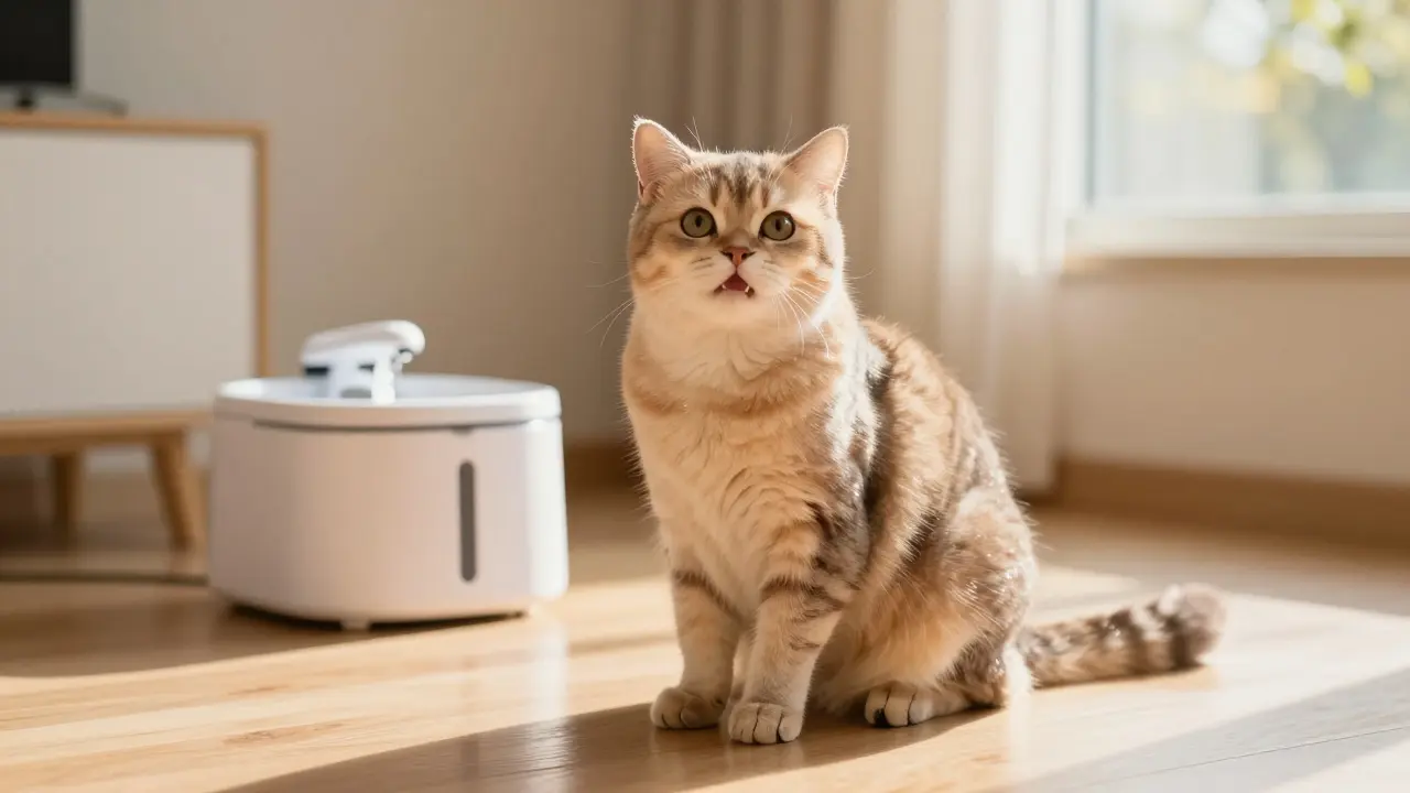 Здоровая кошка с блестящей шерстью в уютном домашнем интерьере